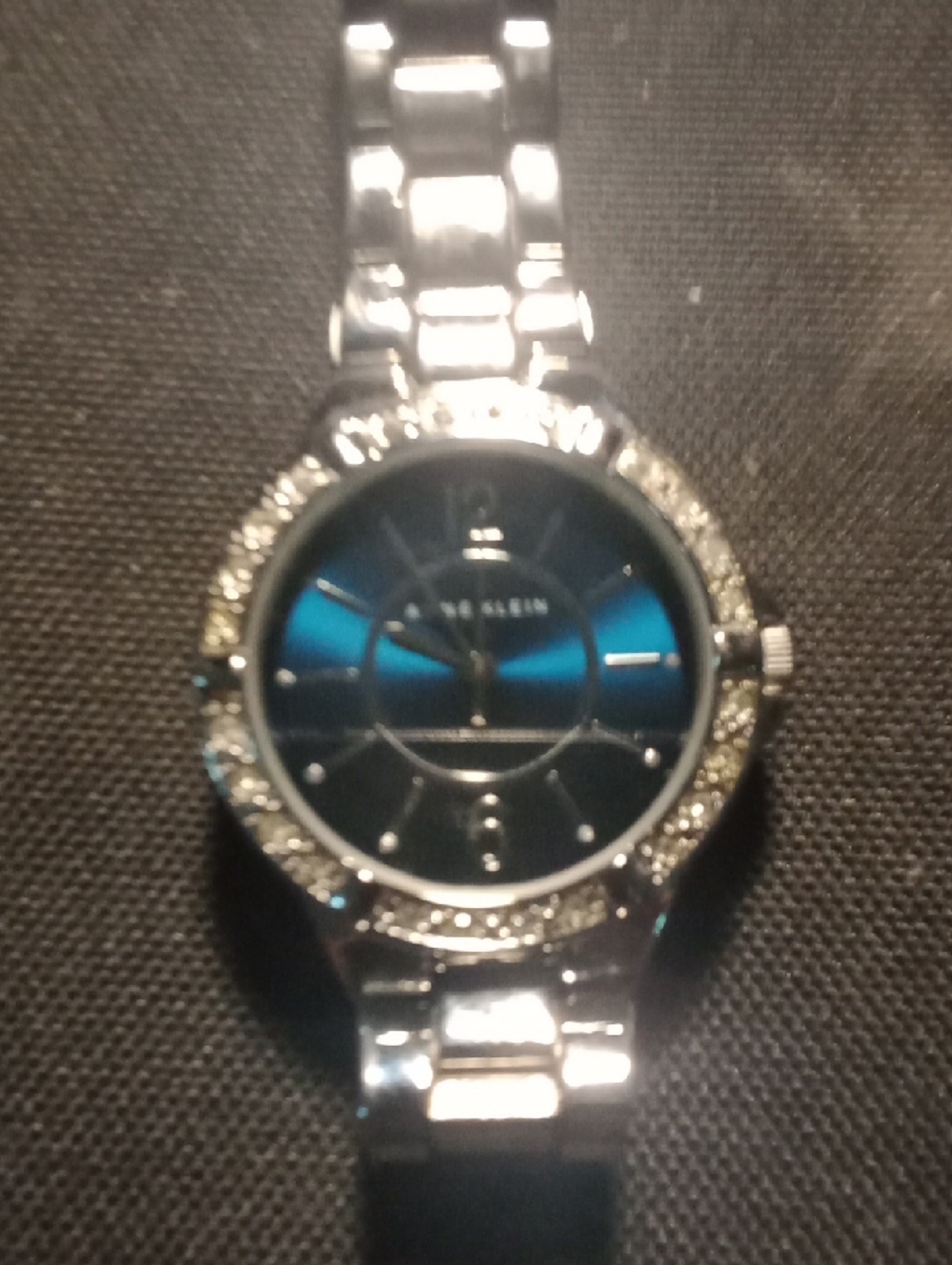 Anne Klein Silver-Tone Watch with Blue Sunray Dial and Crystal Bezel
